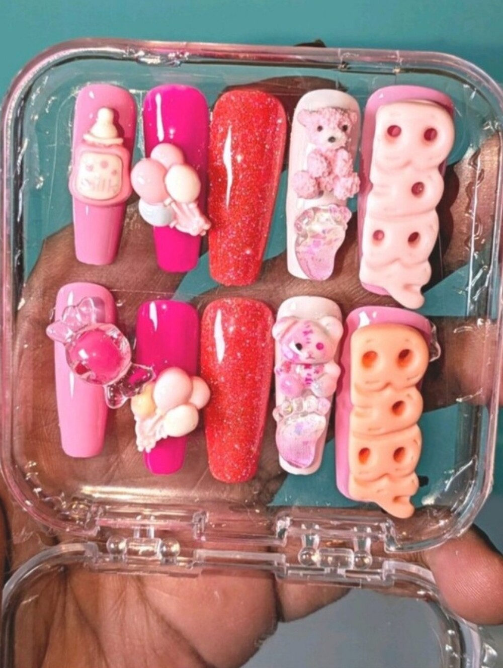 Hand Crafted Pink Custom Baby Shower 3D Charm Glitter Press-On Nails Sz L